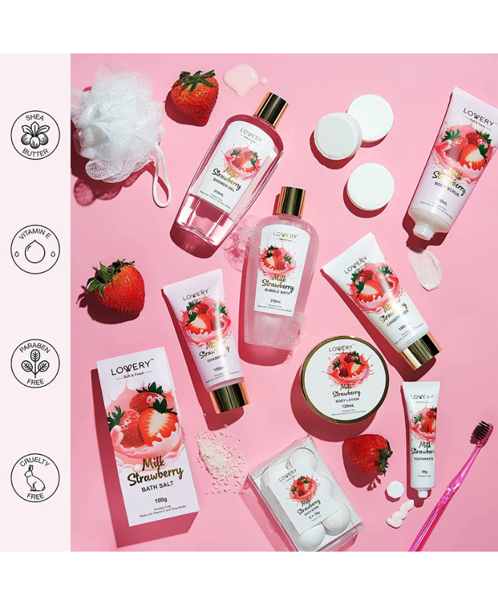 Strawberry Milk Home Bath Gift Set - 25Pc Tote Bag Gift