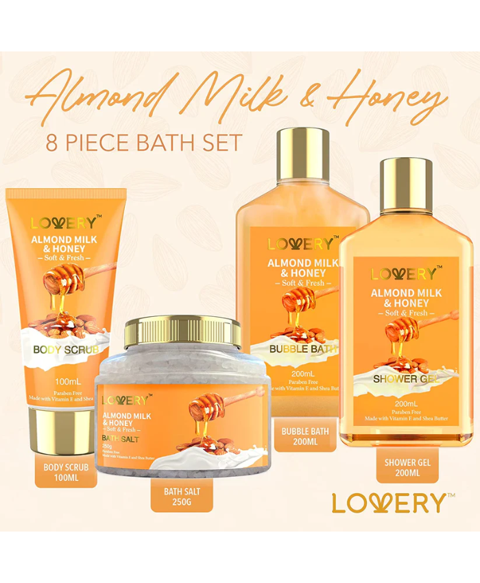 Luxe Almond Milk and Honey Spa Gift Basket - 10Pc Home Bath Kit