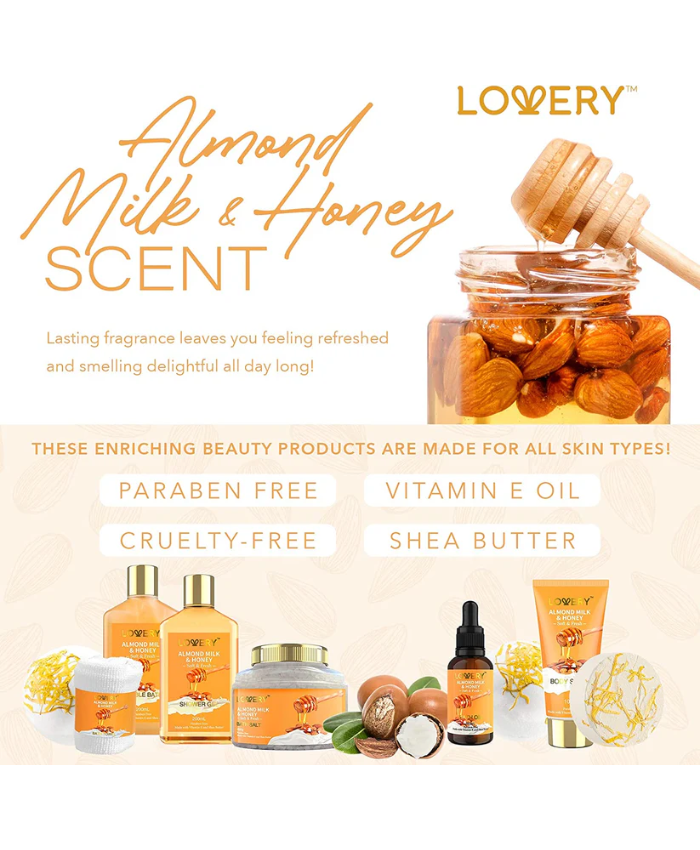 Luxe Almond Milk and Honey Spa Gift Basket - 10Pc Home Bath Kit
