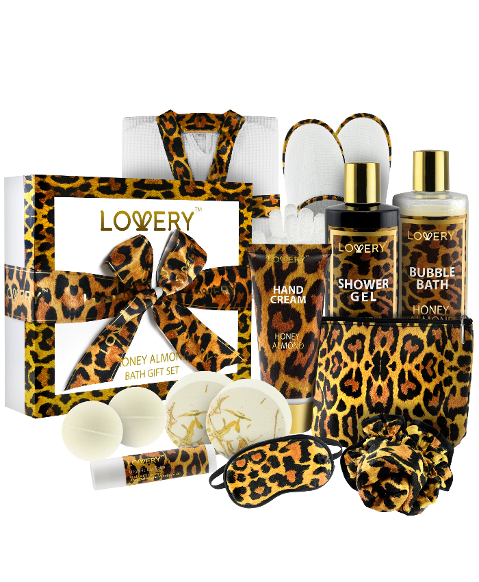 Luxe Leopard Honey Almond Bath Gift Box - 17Pc Home Spa Kit