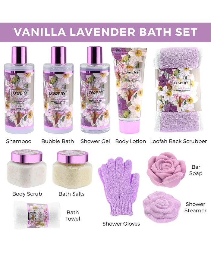 Lavender Vanilla Gift Set - 13Pc Bath and Body Basket