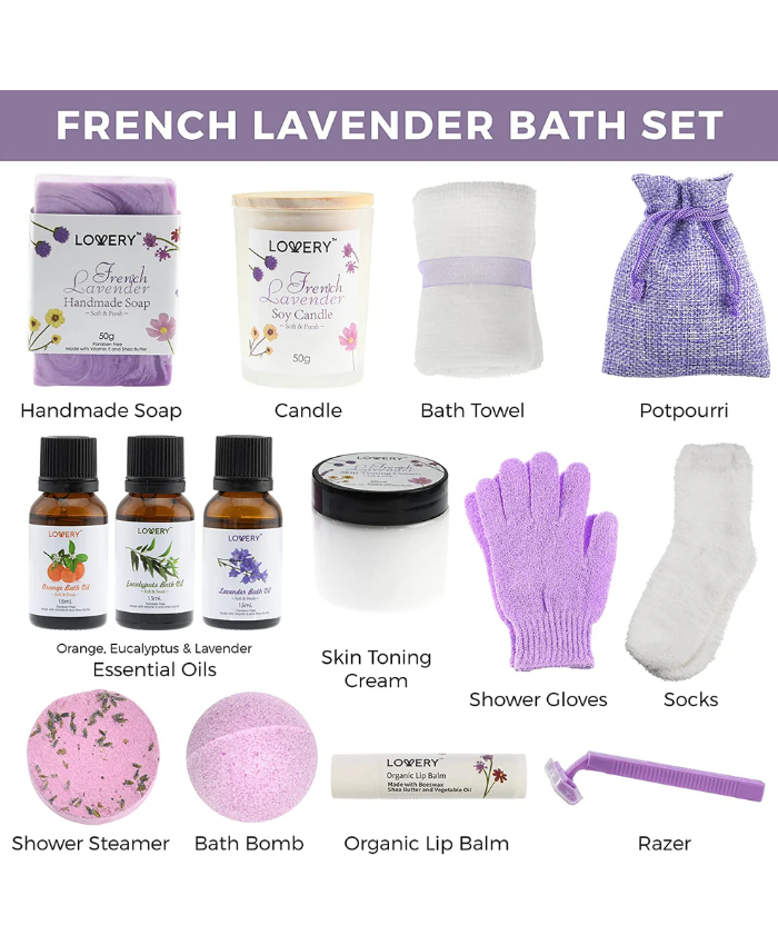 French Lavender Relaxation Gift - 18Pc Home Bath and Spa Kit