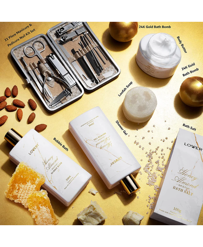 Gold Marble Bath Spa Gift Basket - 31Pc Self Care Kit