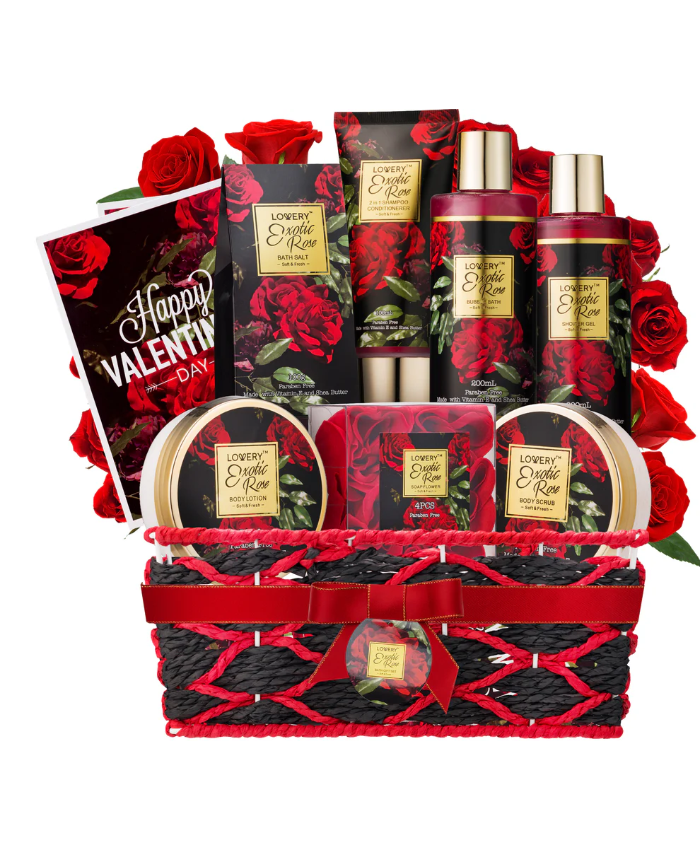 Valentine Exotic Rose Spa Gift Basket - 13pc Self Care Set