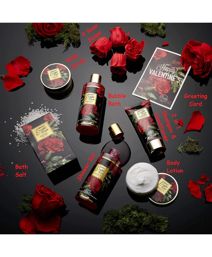 Valentine Exotic Rose Spa Gift Basket - 13pc Self Care Set