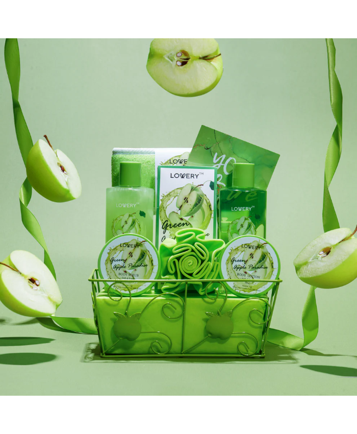 Teacher Appreciation Gifts, Refreshing Green Apple Basket - Luxe 9Pc Gift Apple Spa Set