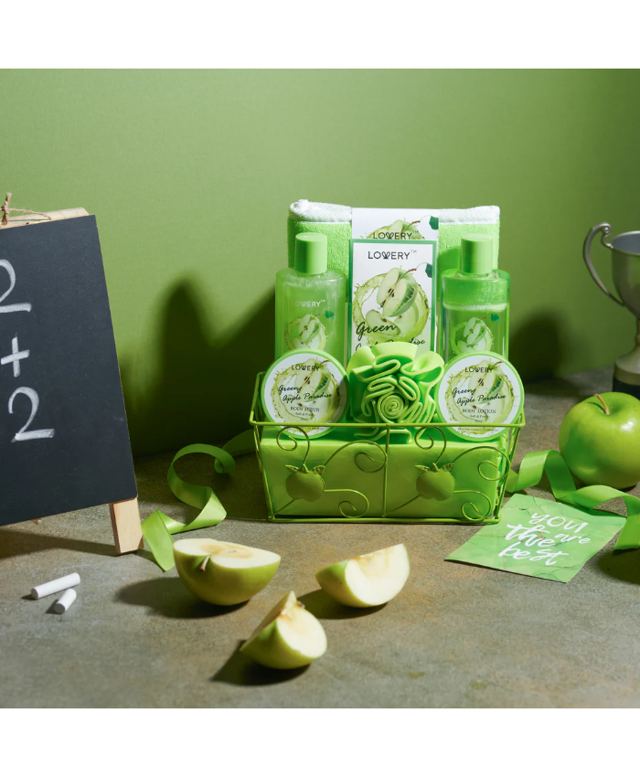 Teacher Appreciation Gifts, Refreshing Green Apple Basket - Luxe 9Pc Gift Apple Spa Set