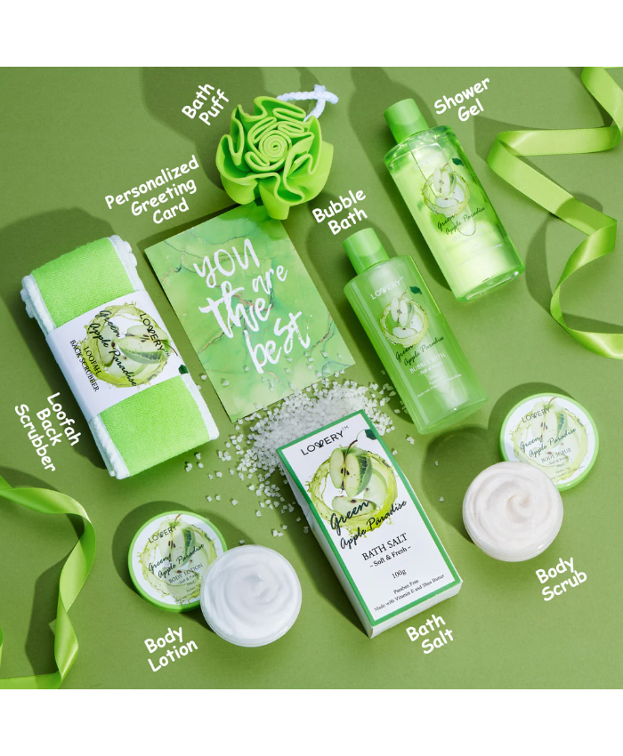 Teacher Appreciation Gifts, Refreshing Green Apple Basket - Luxe 9Pc Gift Apple Spa Set