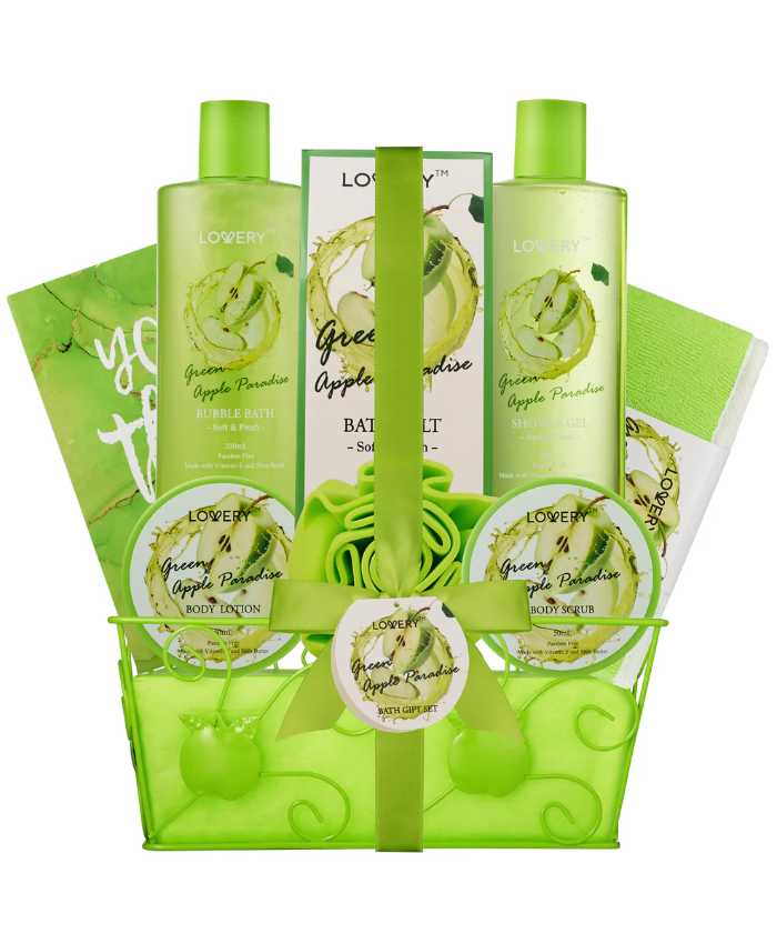 Teacher Appreciation Gifts, Refreshing Green Apple Basket - Luxe 9Pc Gift Apple Spa Set