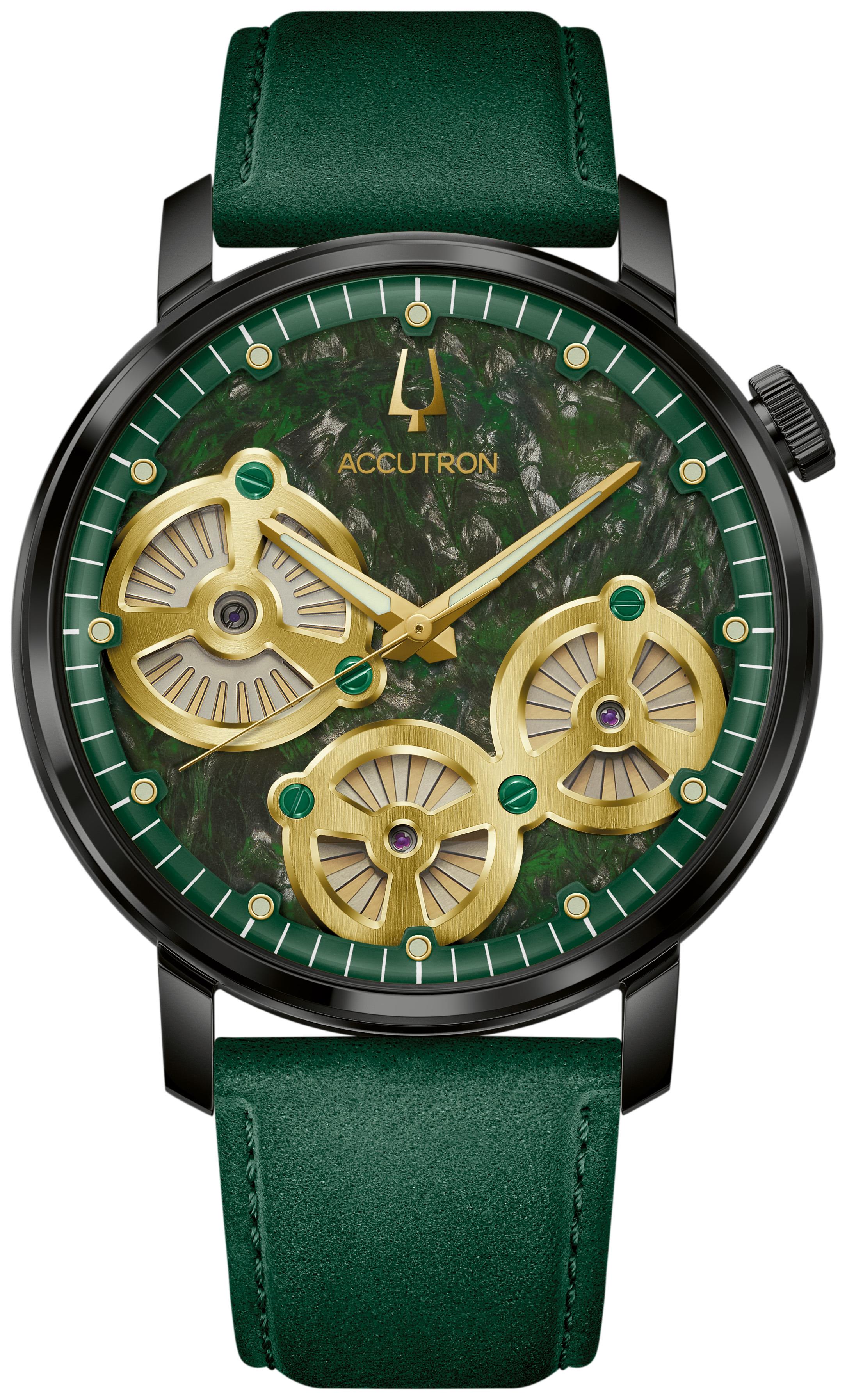 Men's Spaceview Evolution Stainless Steel Case Leather Strap Watch, Green Dial