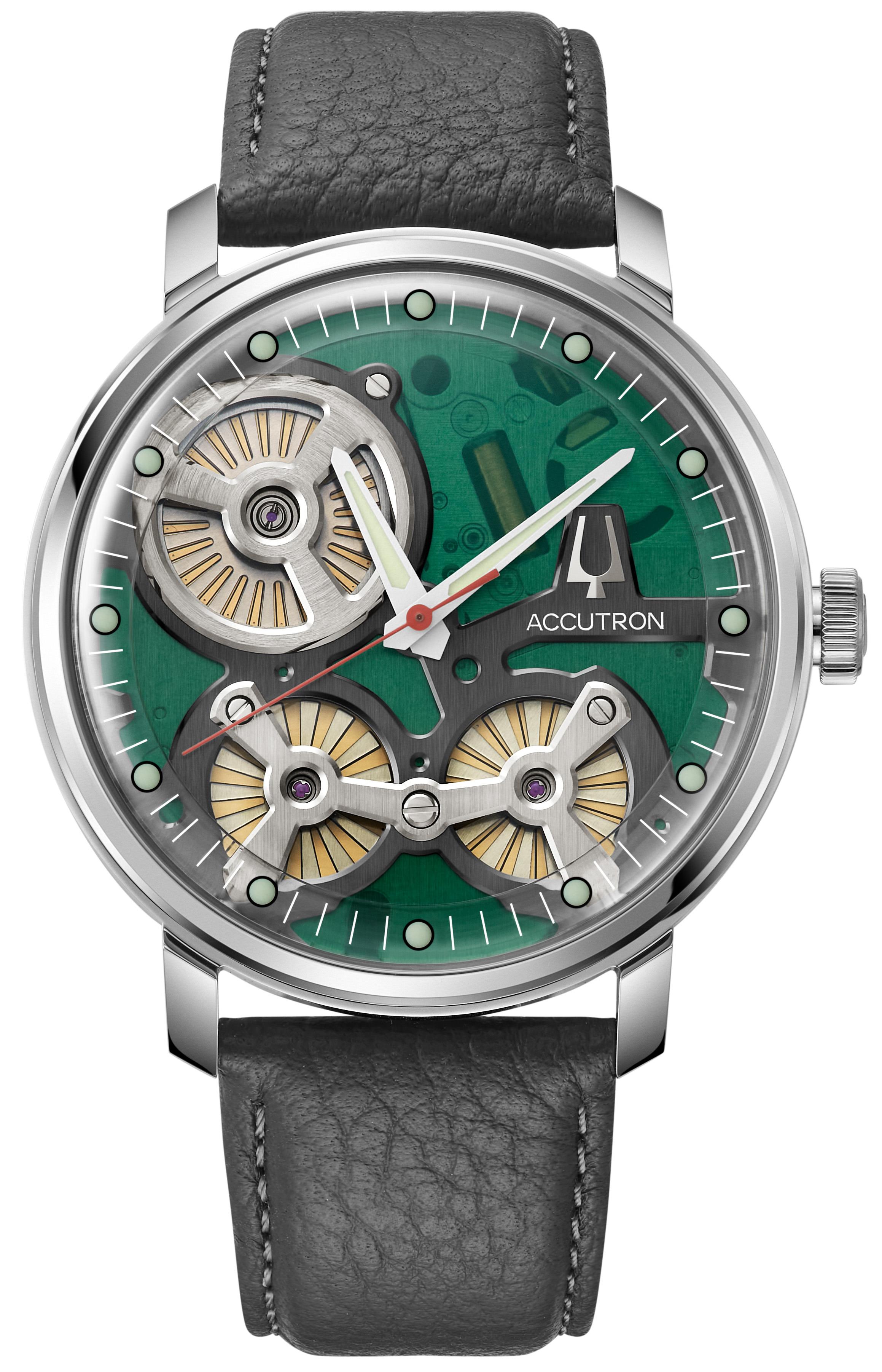 Spaceview Collection - Stainless Steel Case, Gray Leather Strap Strap With Green Dial