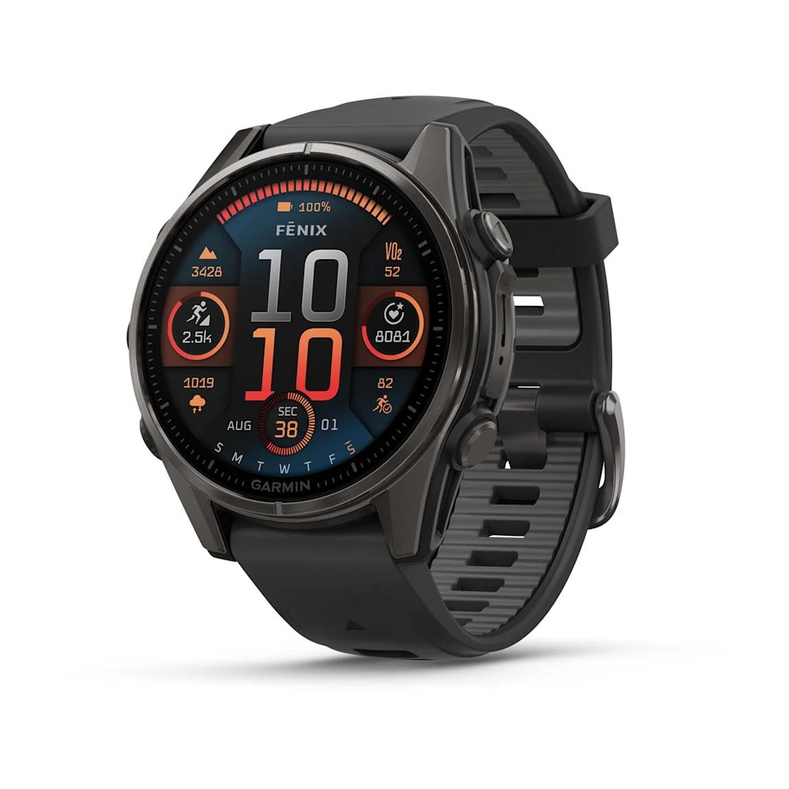 Fenix® 8 – 43 Mm, AMOLEDSapphire, Carbon Gray DLC Titanium With Black/Pebble Gray Silicone Band