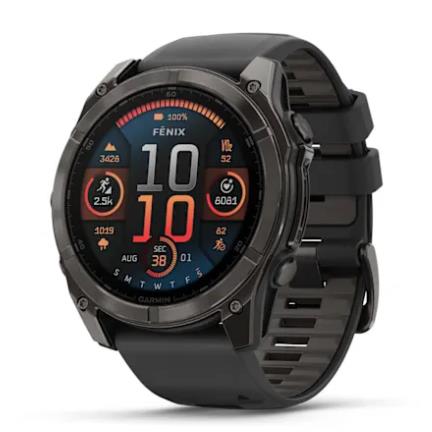 Fenix  8 – 51 Mm, AMOLED -Sapphire, Carbon Gray DLC Titanium With Black/Pebble Gray Silicone Band