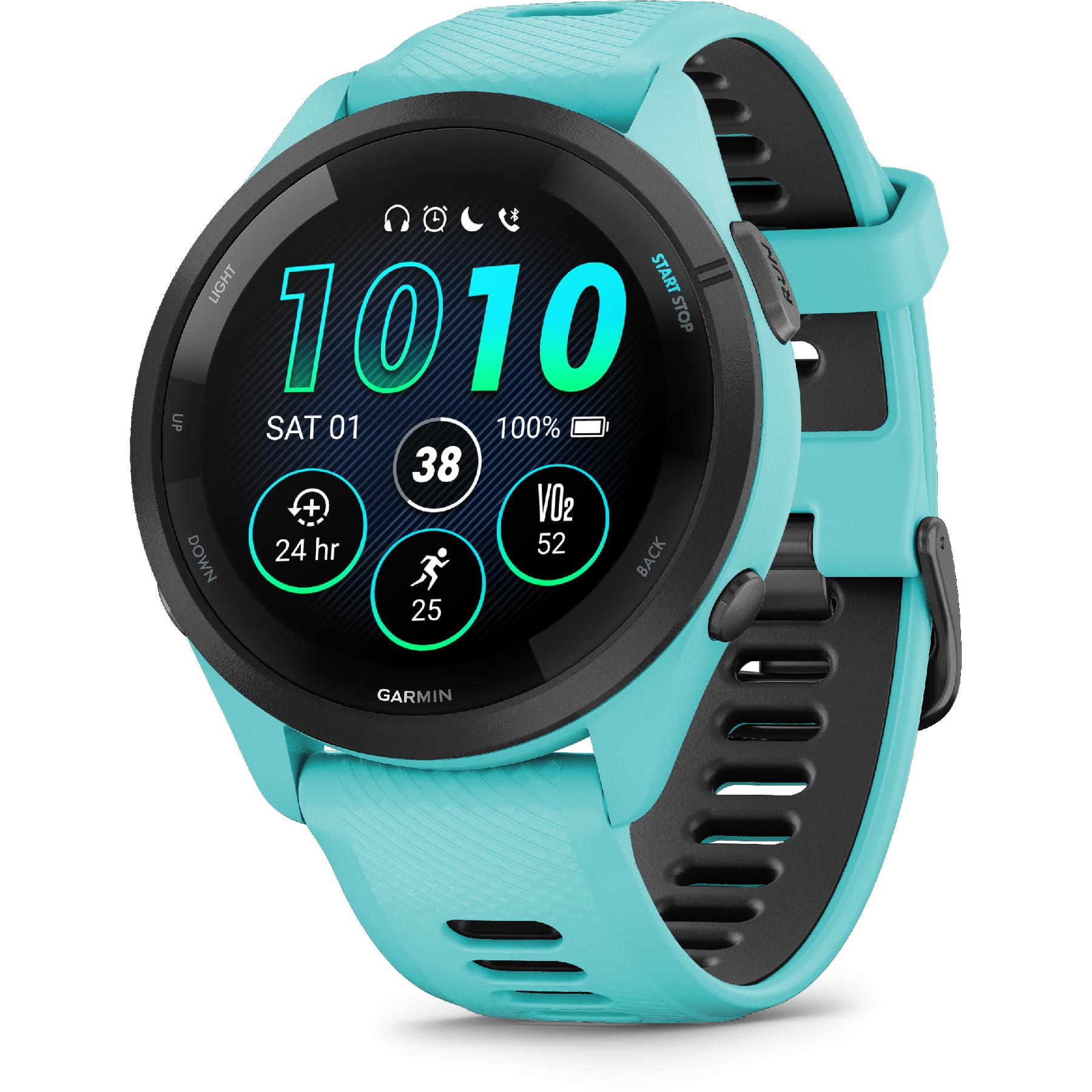 Forerunner 265, Black Bezel And 46mm Aqua Case With Aqua Silicone Band