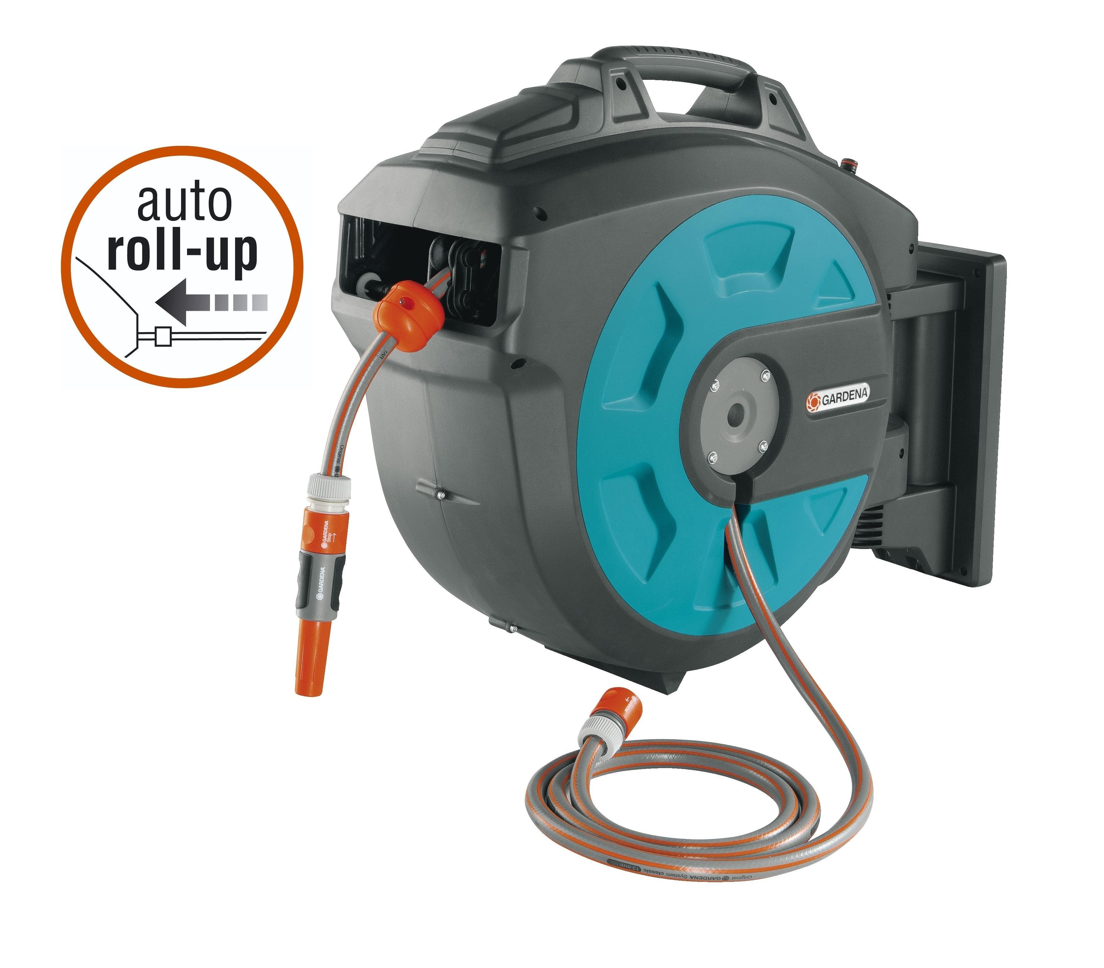 Spring Driven Auto Roll Up Hose Reel With 82.5 Feet Of Hose