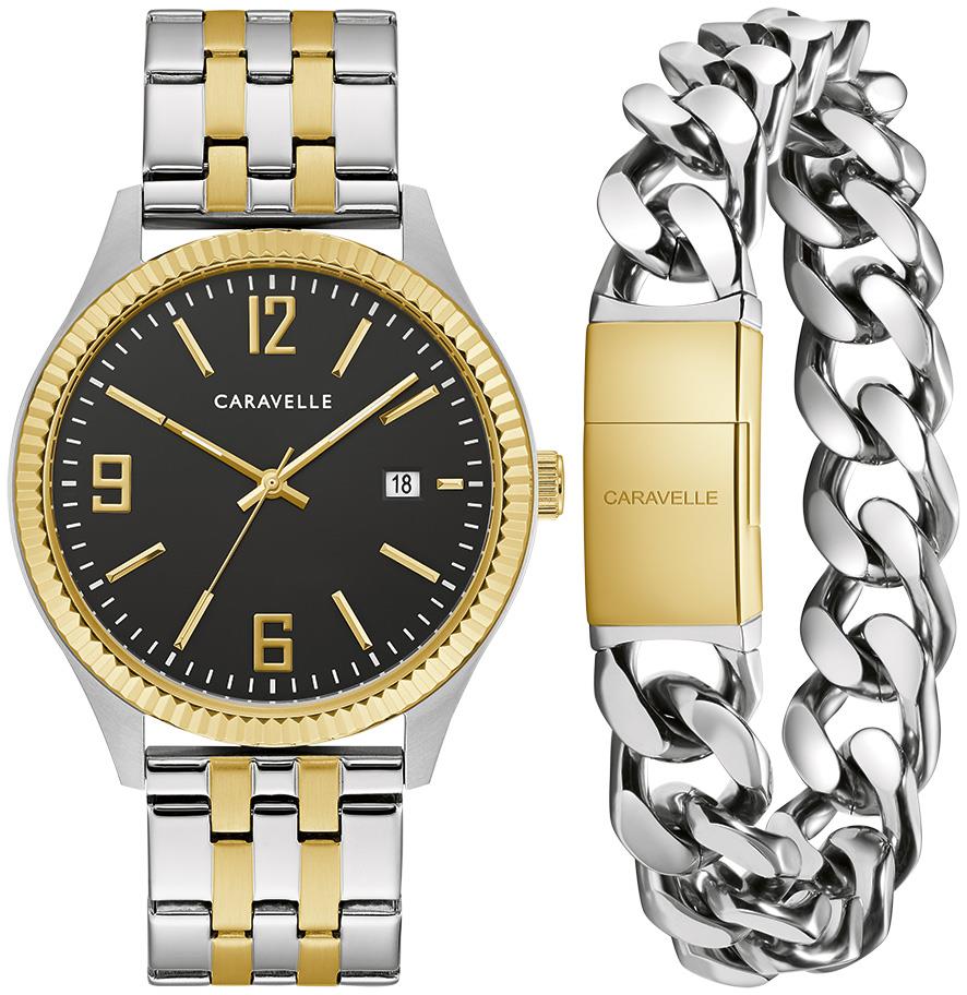 Men's Boxed Set With Two Tone Watch With Black Dial And Bracelet