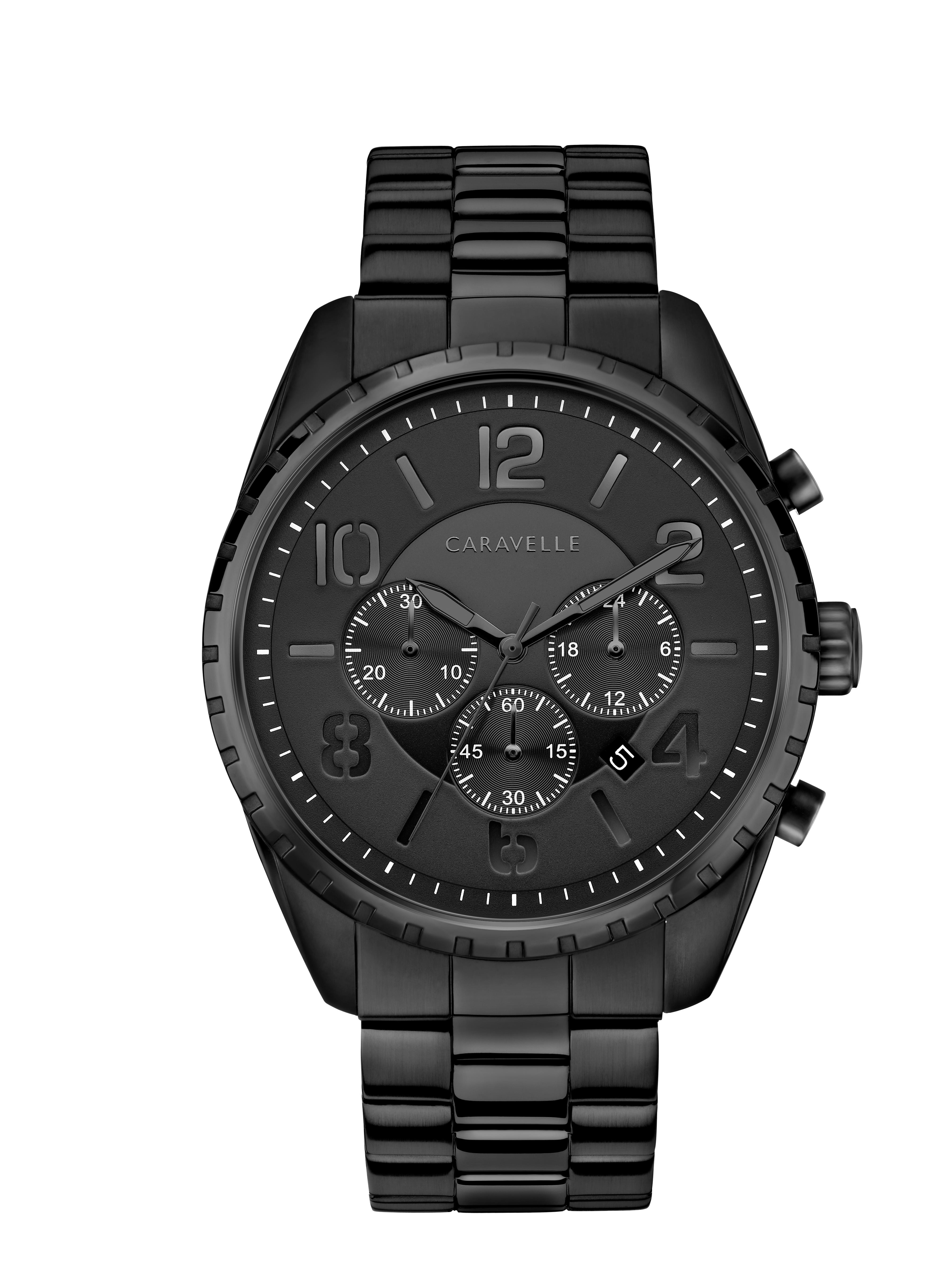 Men's Black Stainless Steel Sport Bracelet Watch With Chronograph Dial And Black Accents