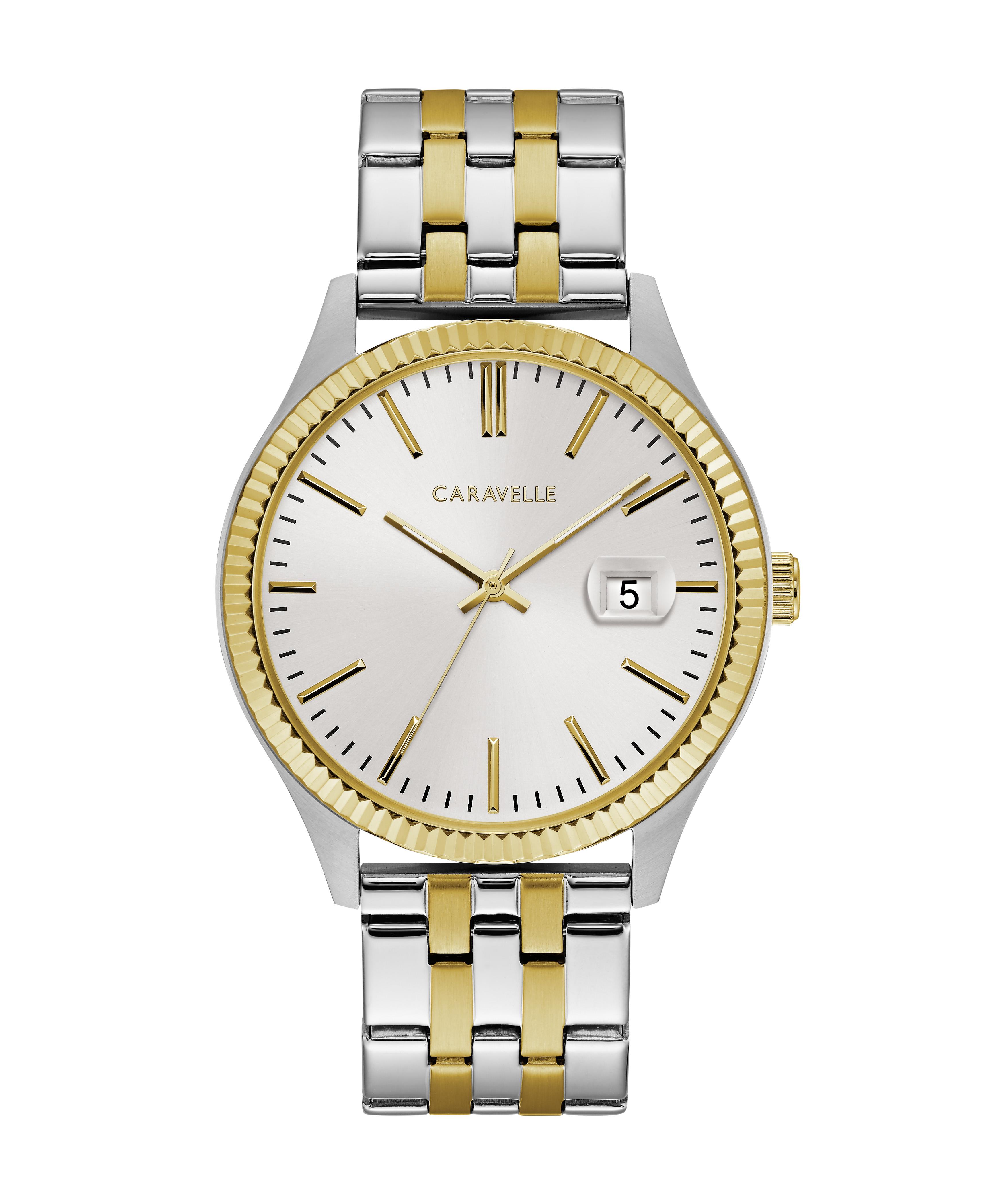 Men's Two Tone Stainless Steel Watch With Coin Edge Bezel, Gold Accents And Date Marker