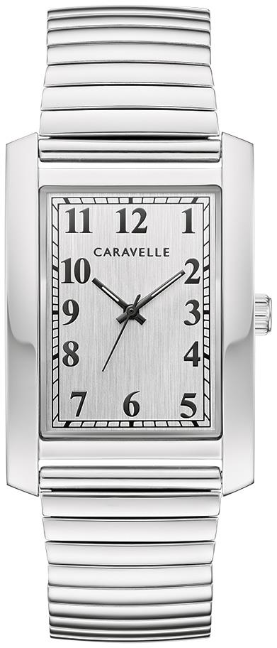 Caravelle Mens Dress Stainless Steel Expansion Watch, Silver-White Dial