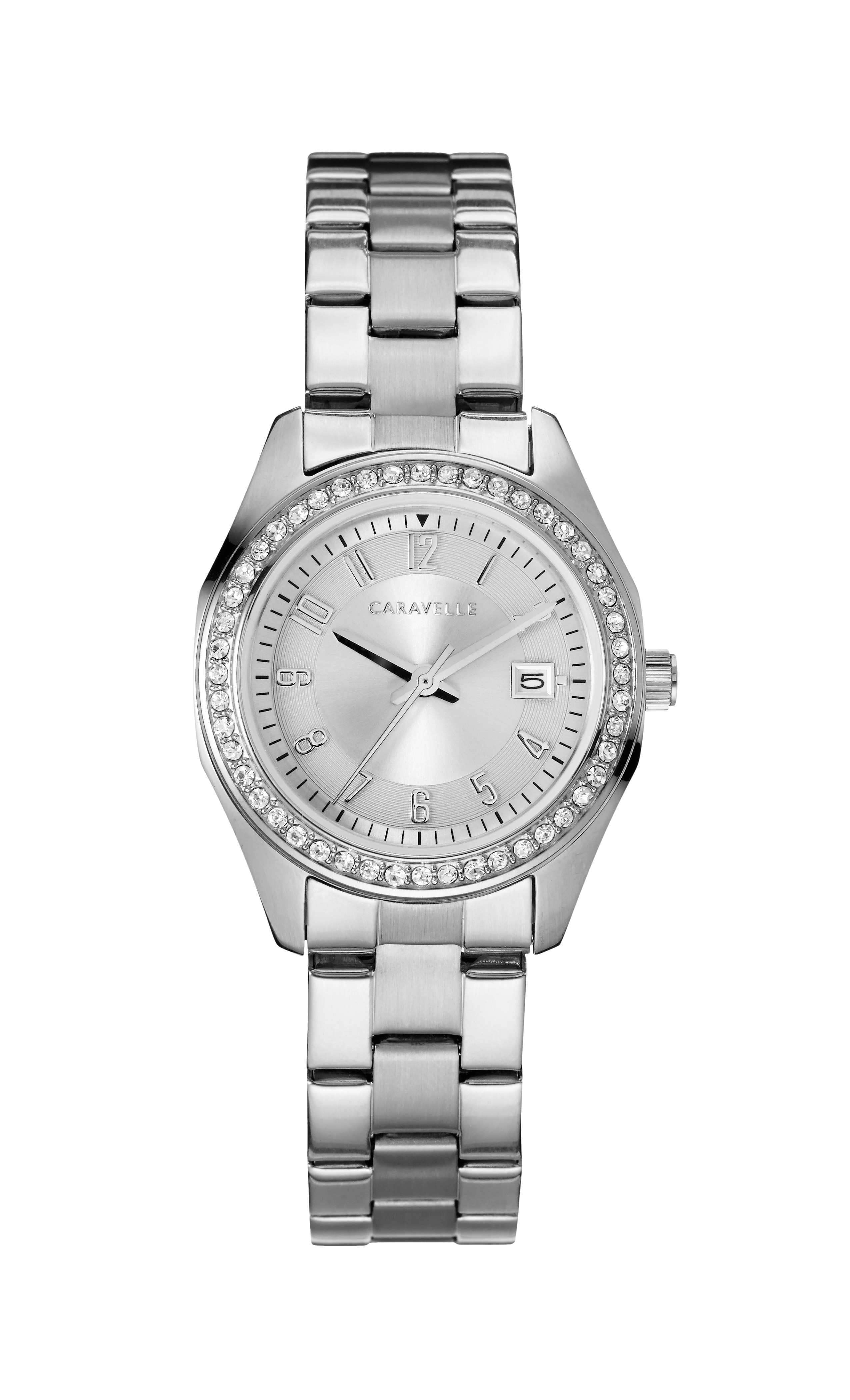 Ladies Stainless Steel Bracelet Watch With Crystal Bezel And Date Marker