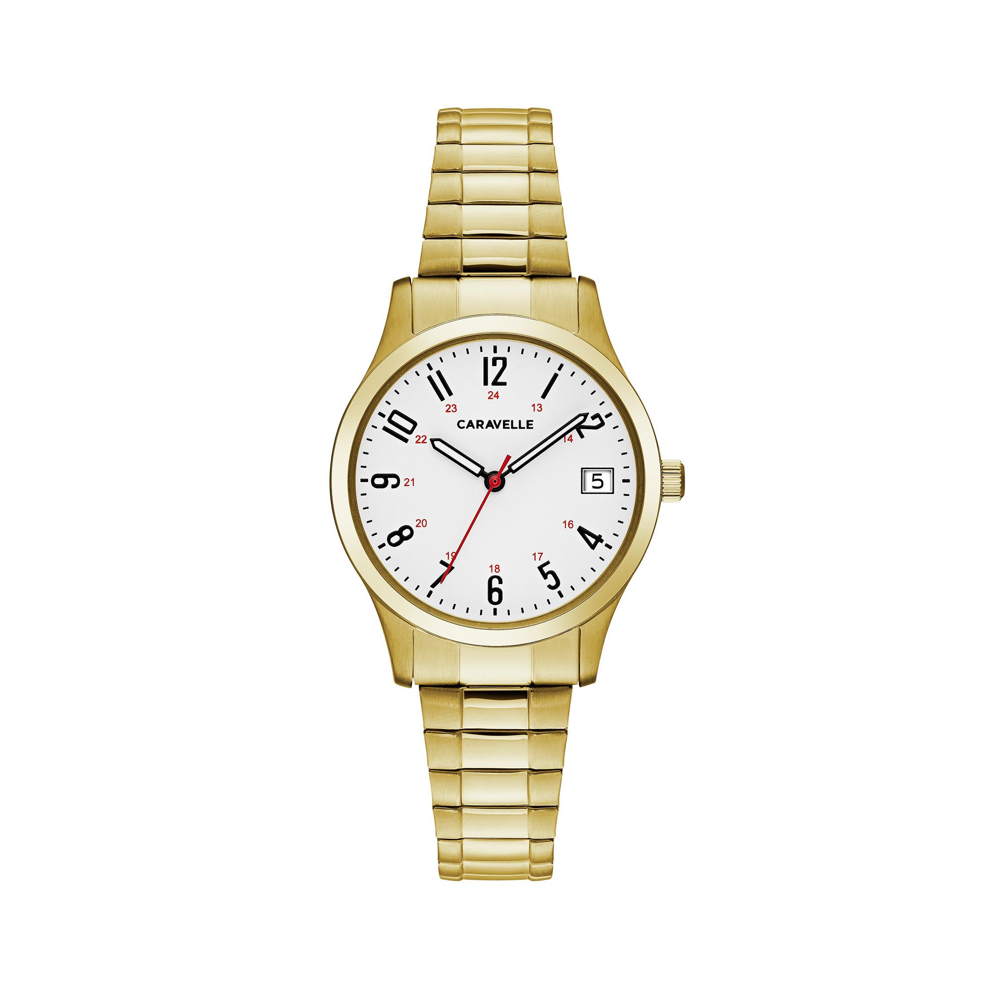 Ladies Gold Tone Stainless Steel Expansion Bracelet Watch With Date Marker