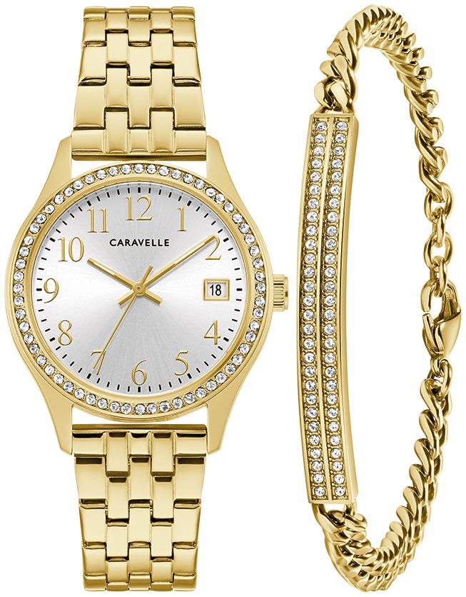 Ladies Boxed Set With Gold Tone Watch With Silver White Dial And Bracelet