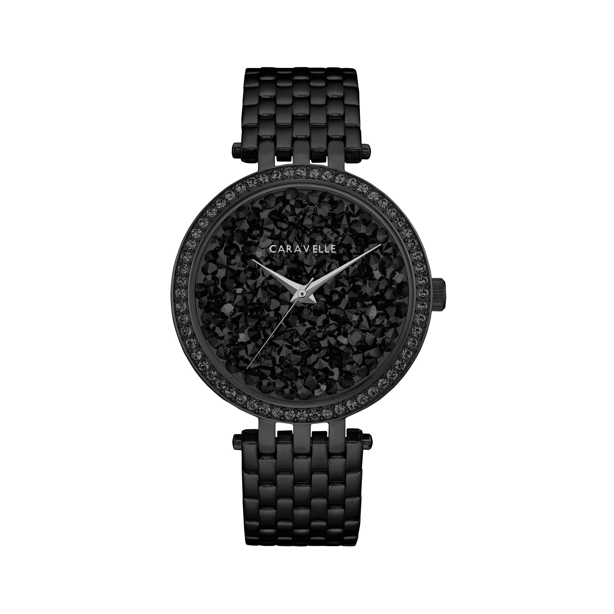 Ladies Black Rock Crystal Dial Watch With Black Stainless Steel Bracelet