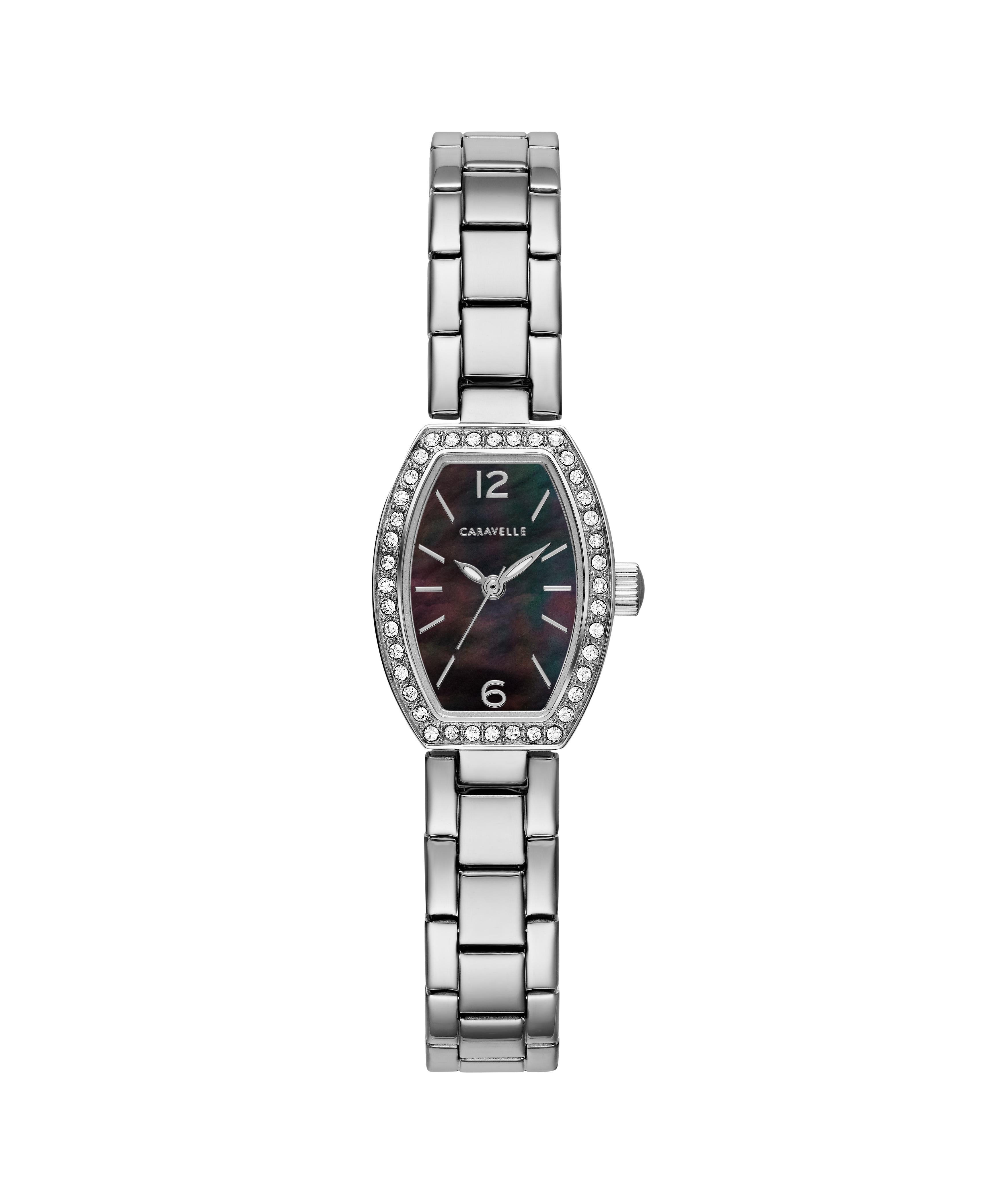 Ladies Crystal Accent Watch With Tonneau Black Mother-of-Pearl Dial