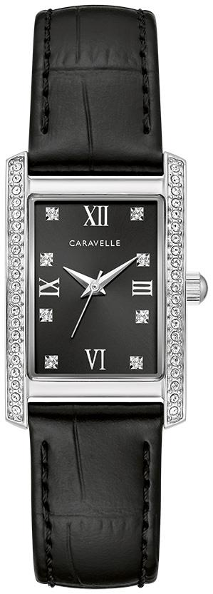 Caravelle Ladies Crystal Leather Strap Watch, Black Dial