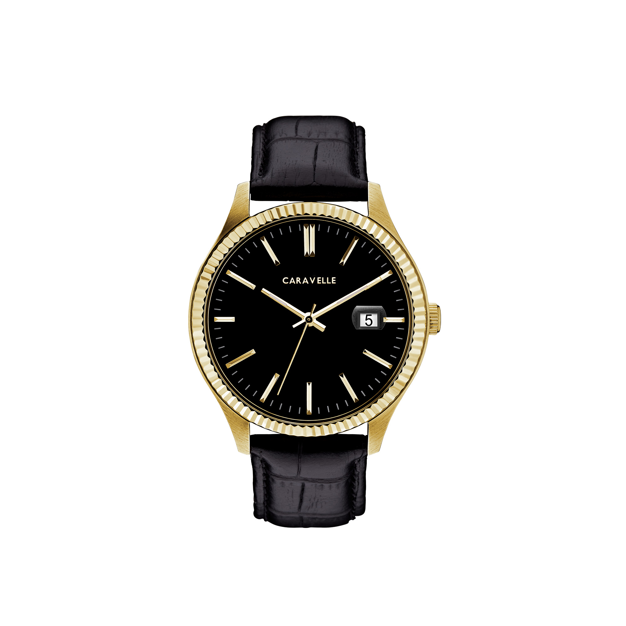 Men's Black Leather Strap Watch With Gold Tone Accents, Black Dial And Date Marker