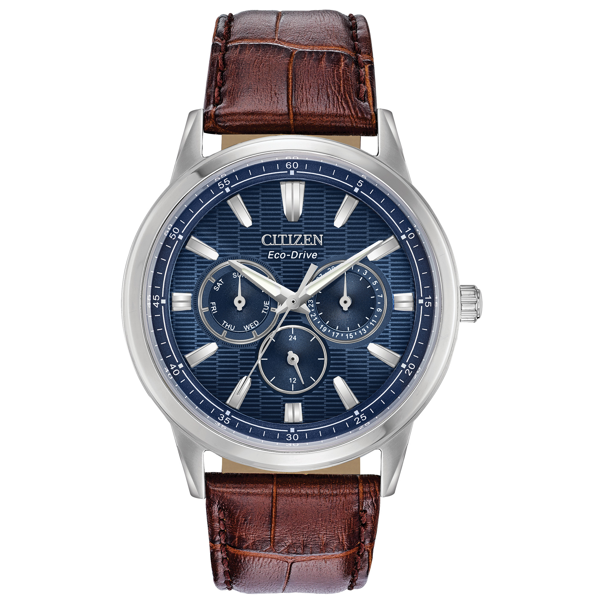 Men's Classic Eco-Drive Leather Strap Watch, Blue Dial