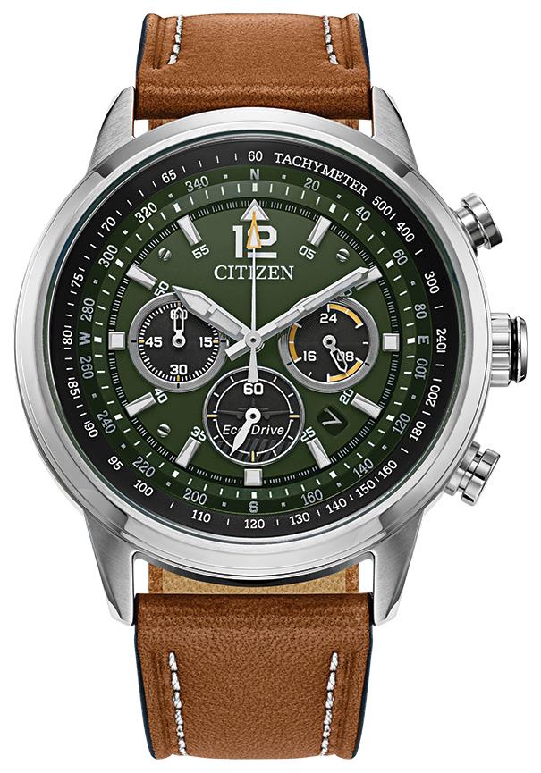 Men's Avion Eco-Drive Leather Strap Watch, Green Dial