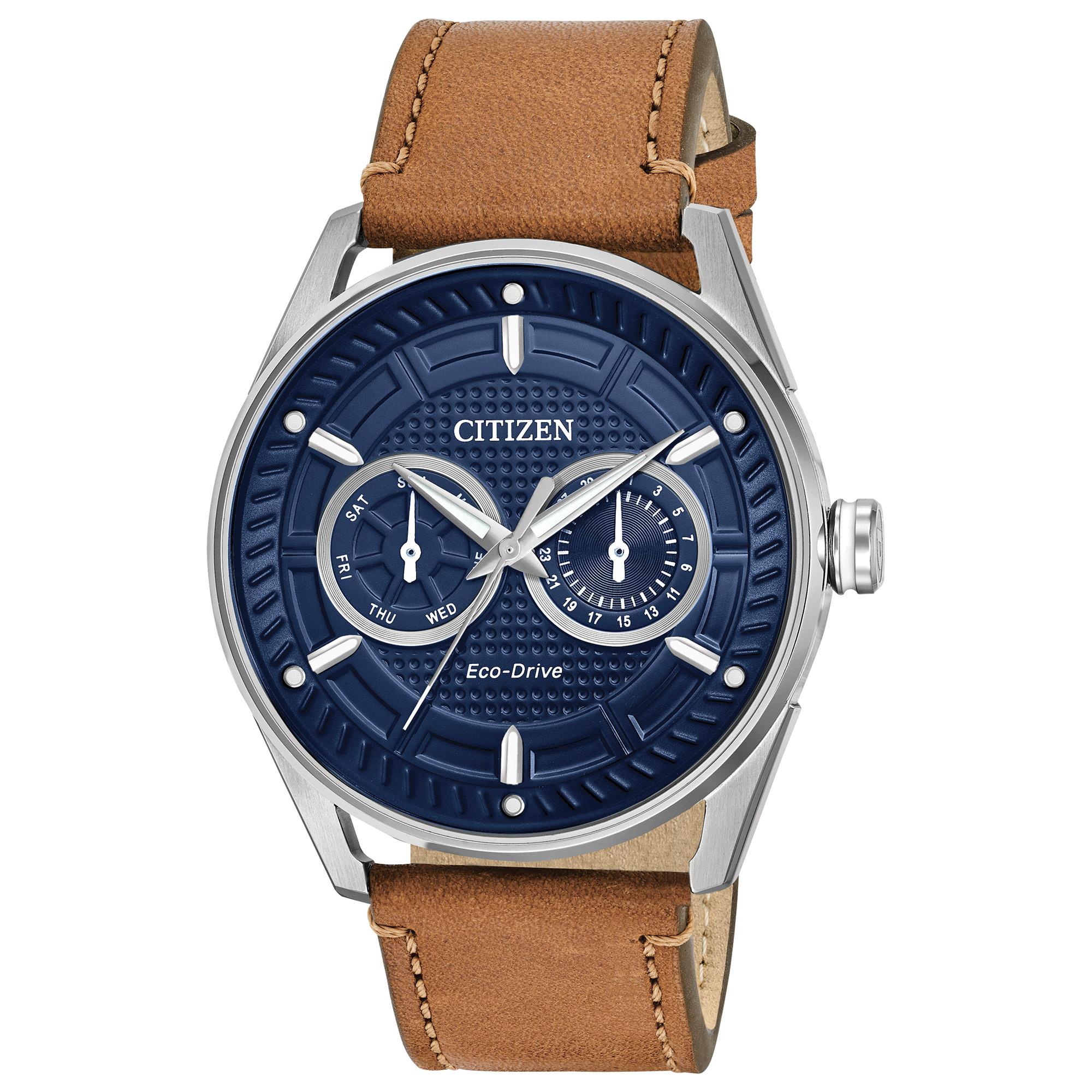Men's Sport Casual Eco-Drive Leather Strap Watch, Blue Dial