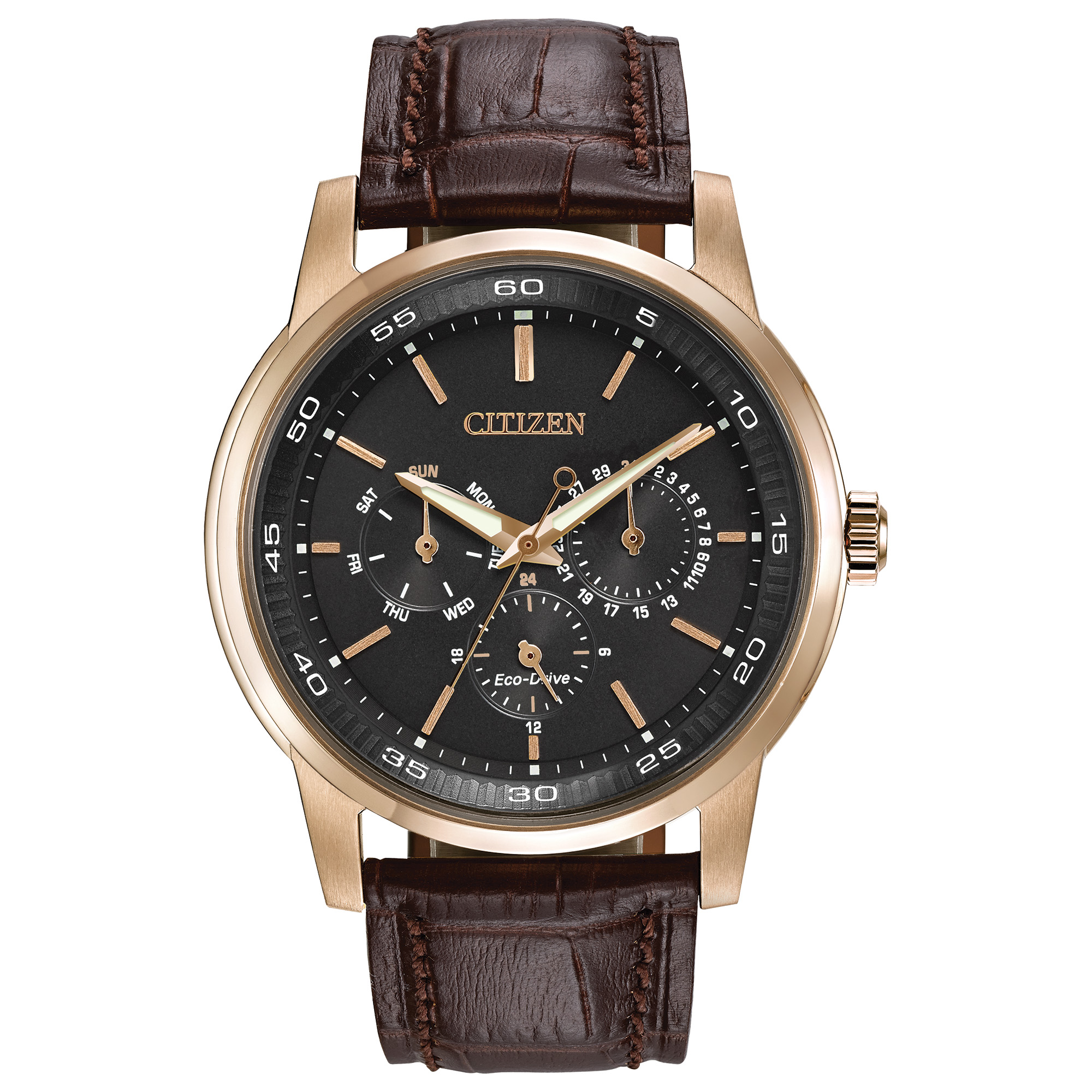 Men's Classic Eco-Drive Leather Strap Watch, Black Dial