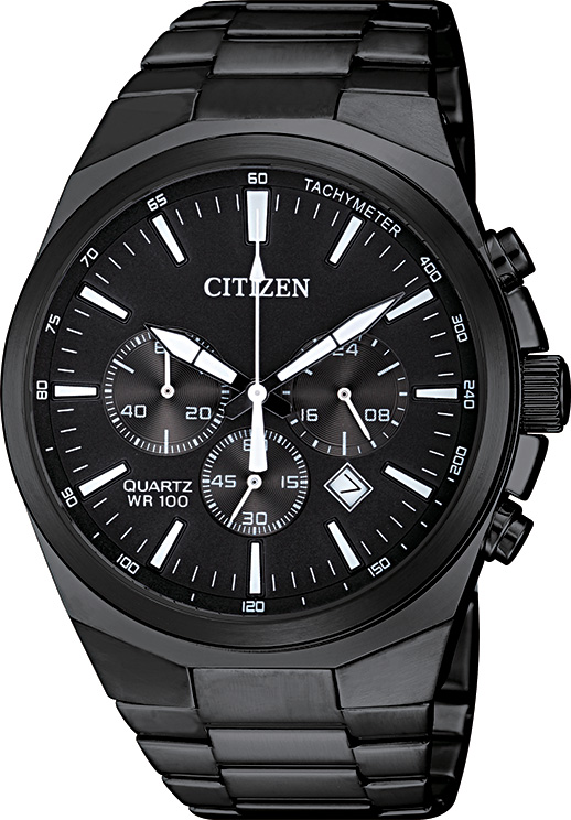 Men's Quartz Chronograph Watch, Black Stainless Steel With Black Dial