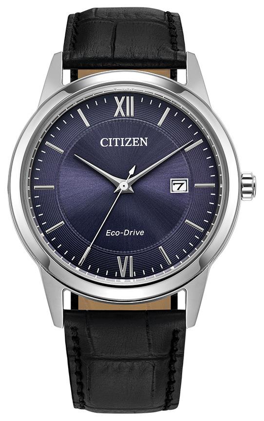 Men's Classic Eco-Drive Leather Strap Watch, Blue Dial
