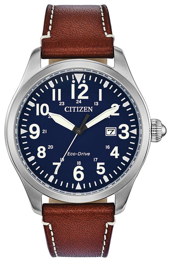 Men's Garrison Eco-Drive Leather Strap Watch, Blue Dial