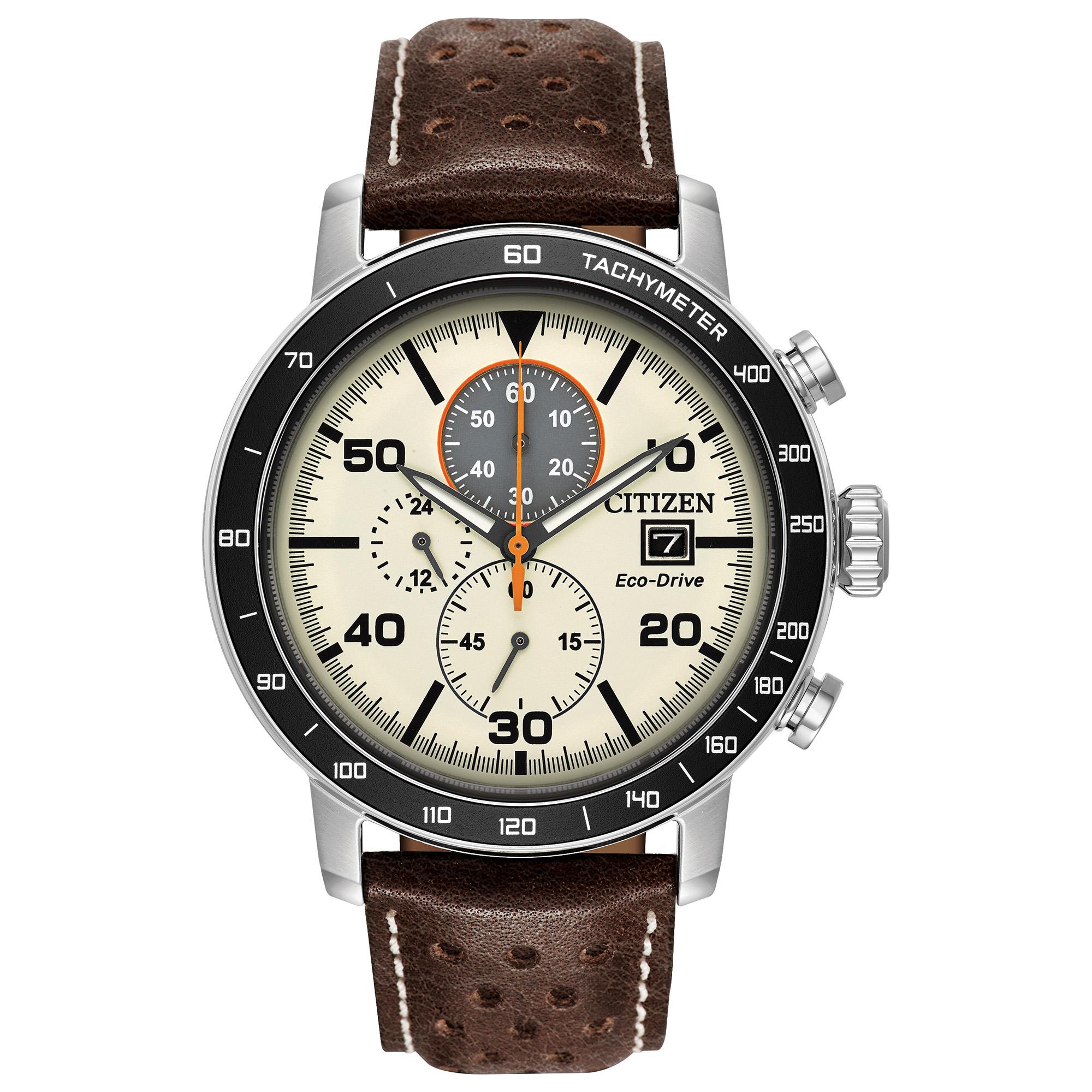 Men's Brycen Eco-Drive Leather Strap Watch, Ivory Dial