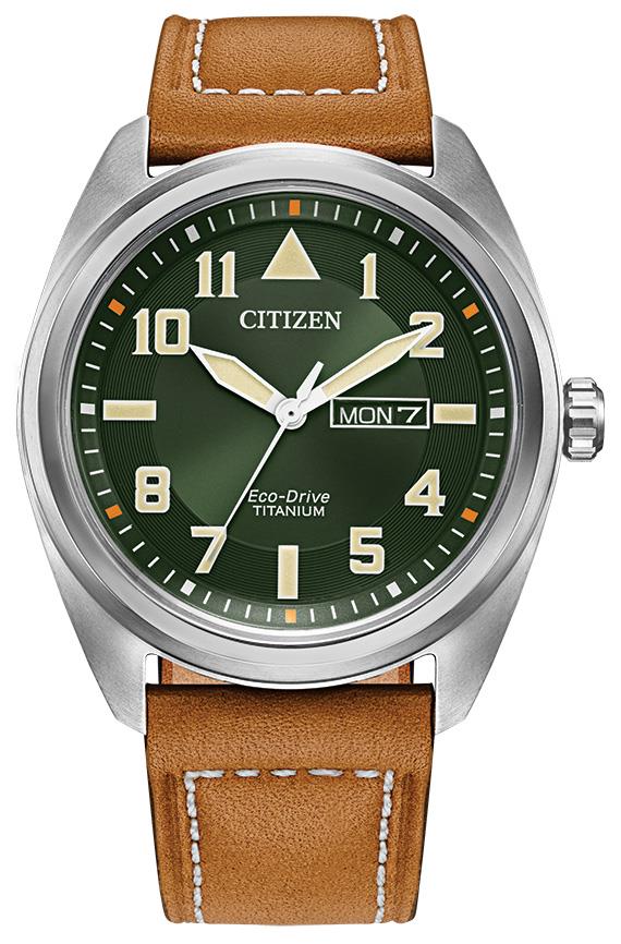 Men's Garrison Eco-Drive Leather Strap Watch, Green Dial