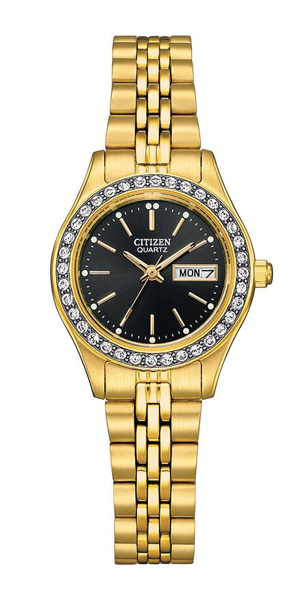 Ladies' Quartz Watch, Gold-tone With Black Dial