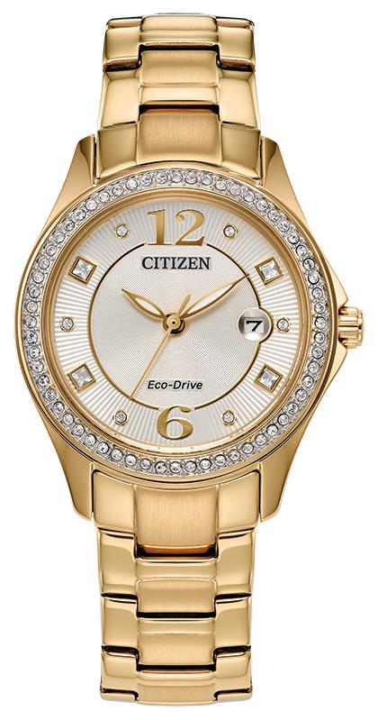 Ladies' Crystal Eco-Drive Stainless Steel Bracelet Watch, Champagne Dial