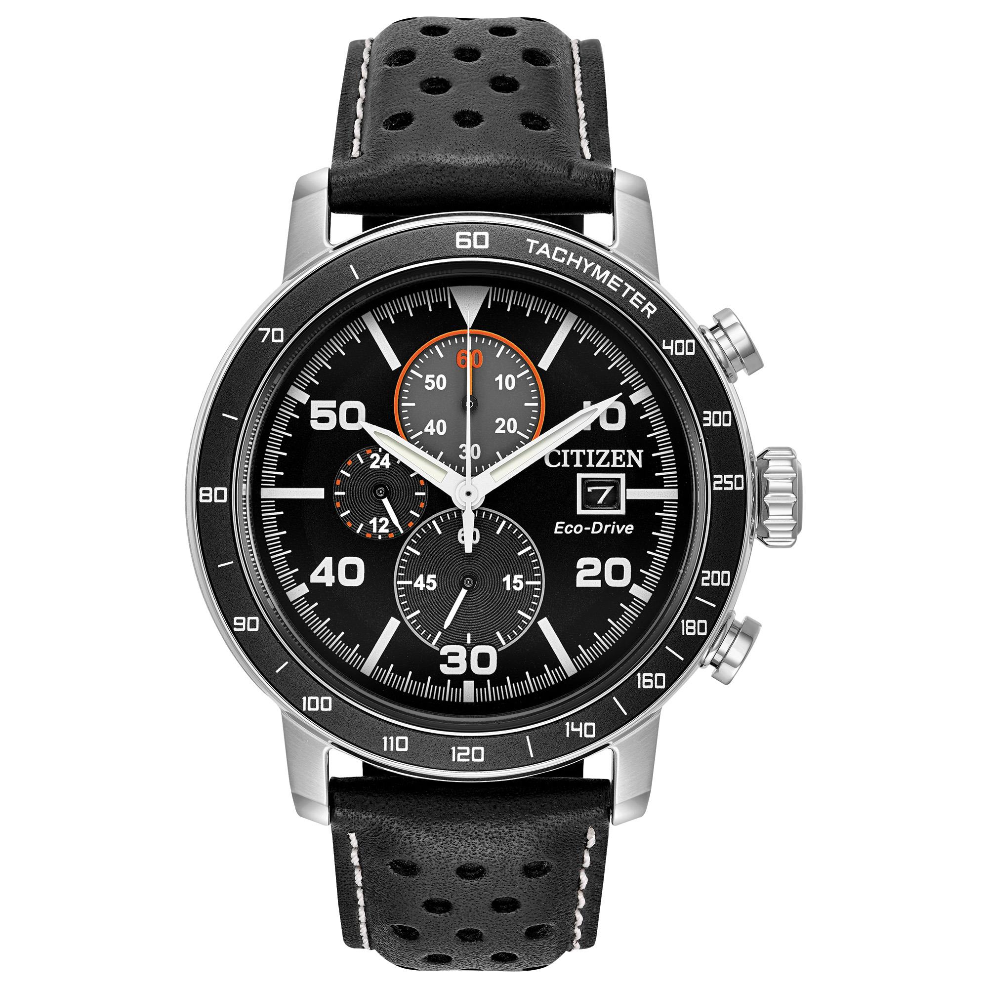 Men's Brycen Eco-Drive Leather Strap Watch, Black Dial