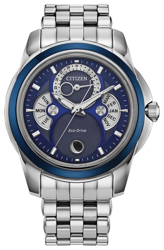 Men's Calendrier Eco-Drive Stainless Steel Bracelet Watch, Blue Dial