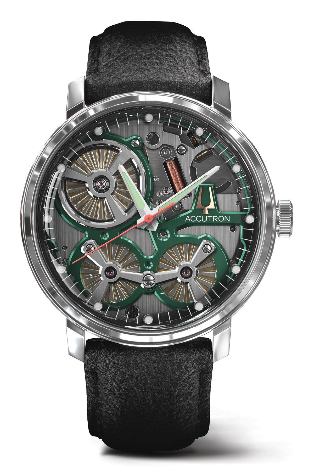 Men's Spaceview Black Leather Strap Watch With Green Dial