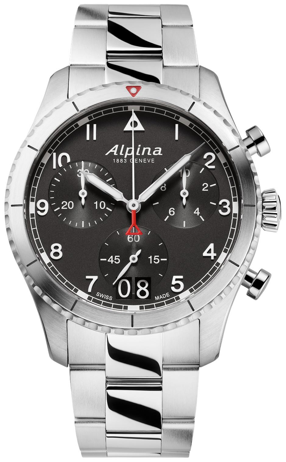 Alpina Mens Quartz Startimer Stainless Steel Bracelet Watch, Black Dial
