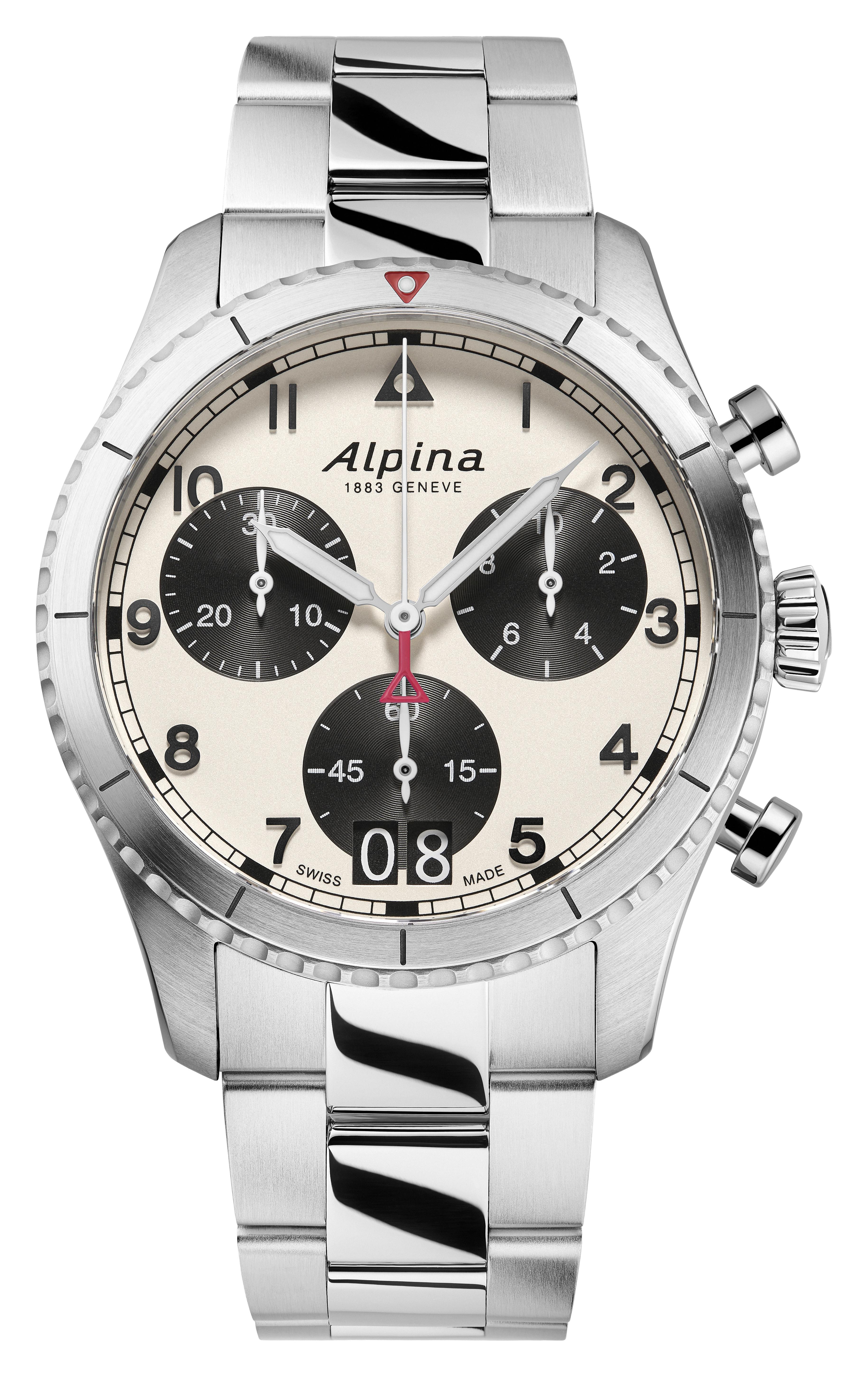Alpina Mens Startimer Stainless Steel Bracelet Watch, White Dial