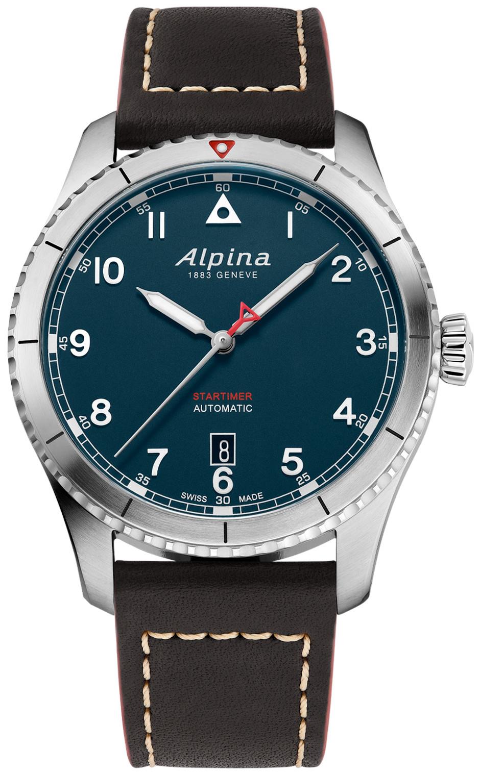 Alpina Mens Automatic Startimer Leather Strap Watch, Blue Dial