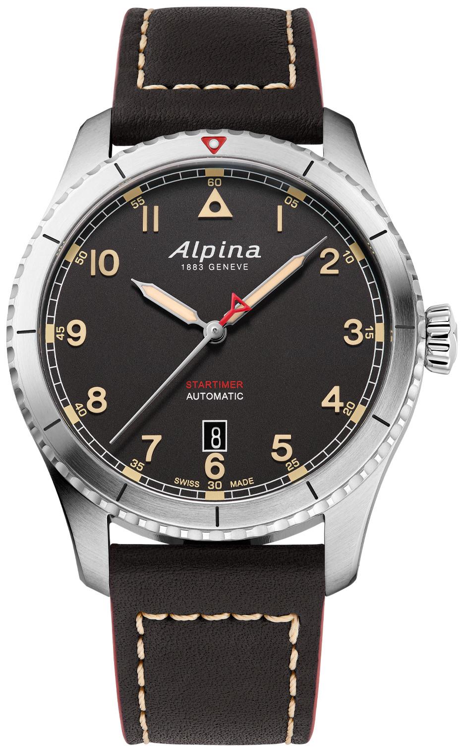 Alpina Mens Automatic Startimer Leather Strap Watch, Black Dial