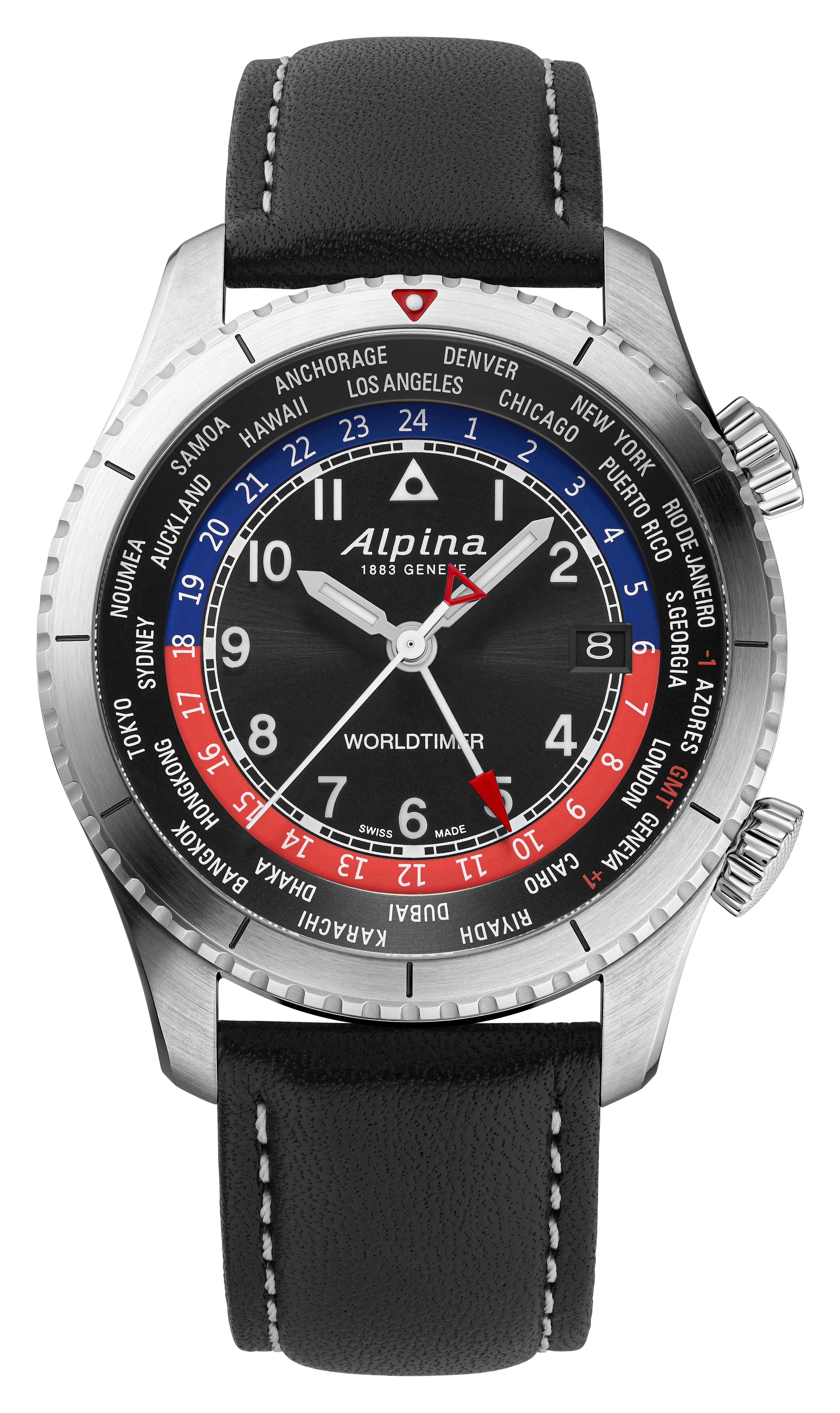Alpina Mens Startimer Leather Strap Watch, Black Dial