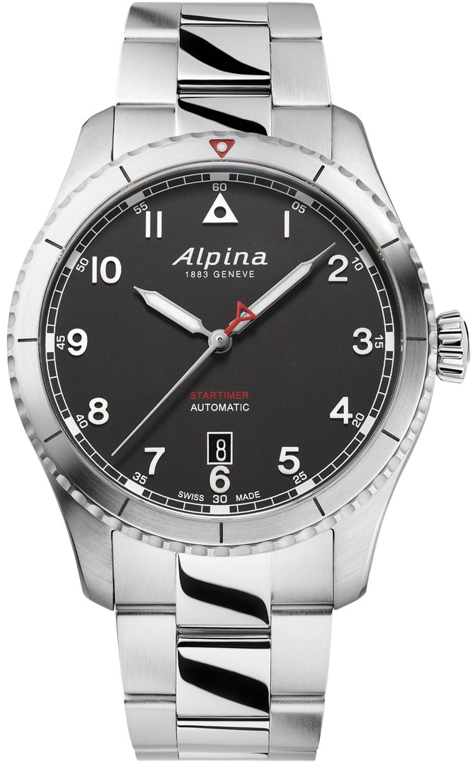 Alpina Mens Automatic Startimer Stainless Steel Bracelet Watch, Black Dial